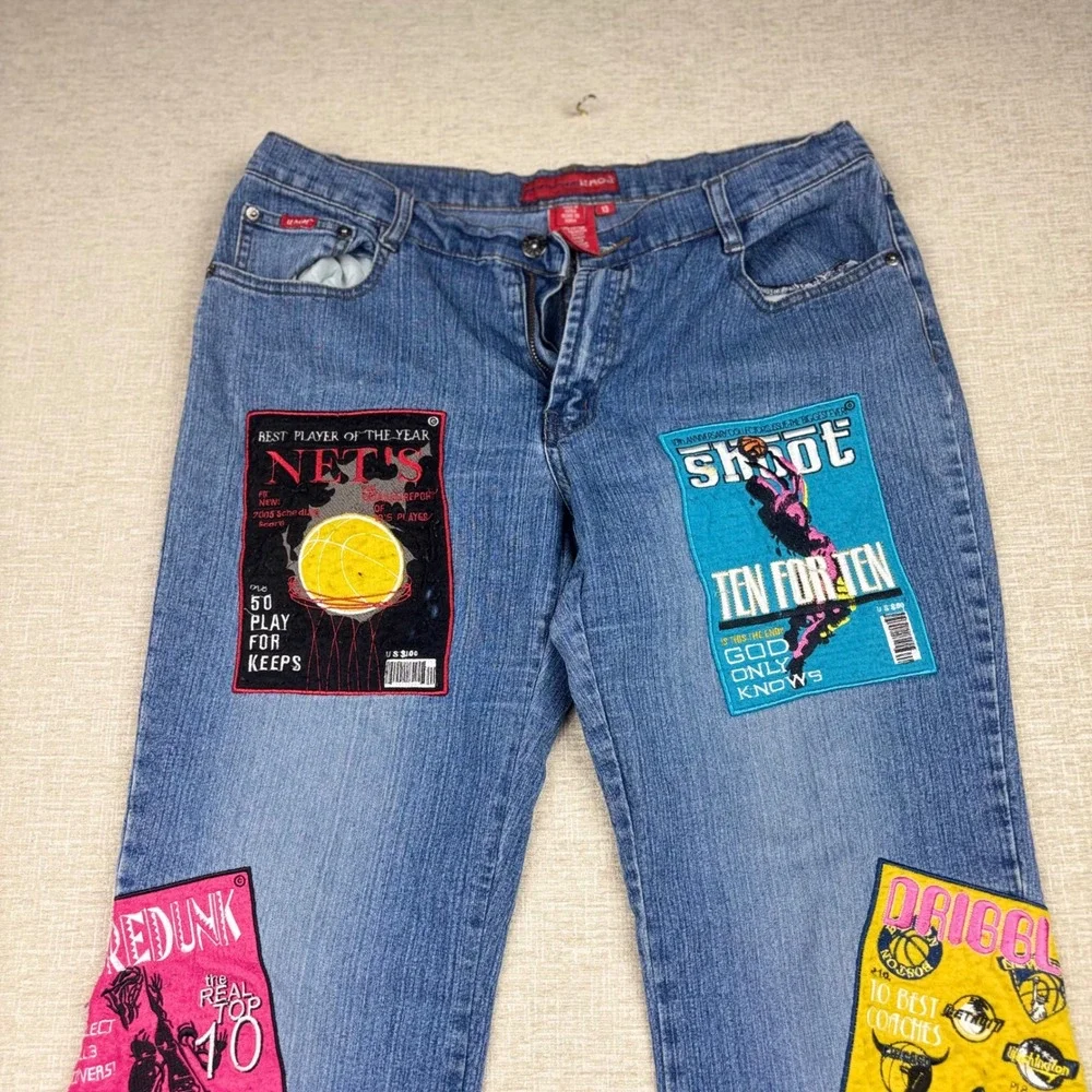 Le More Womens 34x 26 Y2K Basketball Patch Flare Jeans Blue Denim Size 13